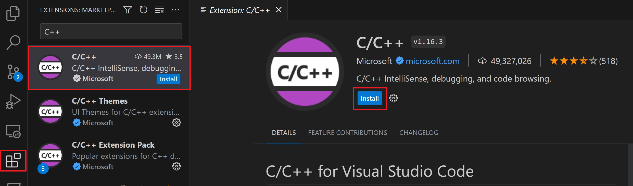 VS Code Extensions 畫面中的 Microsoft C/C++ 擴充套件