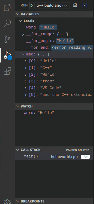 VS Code C++ 程式停在除錯狀態並顯示 Variables